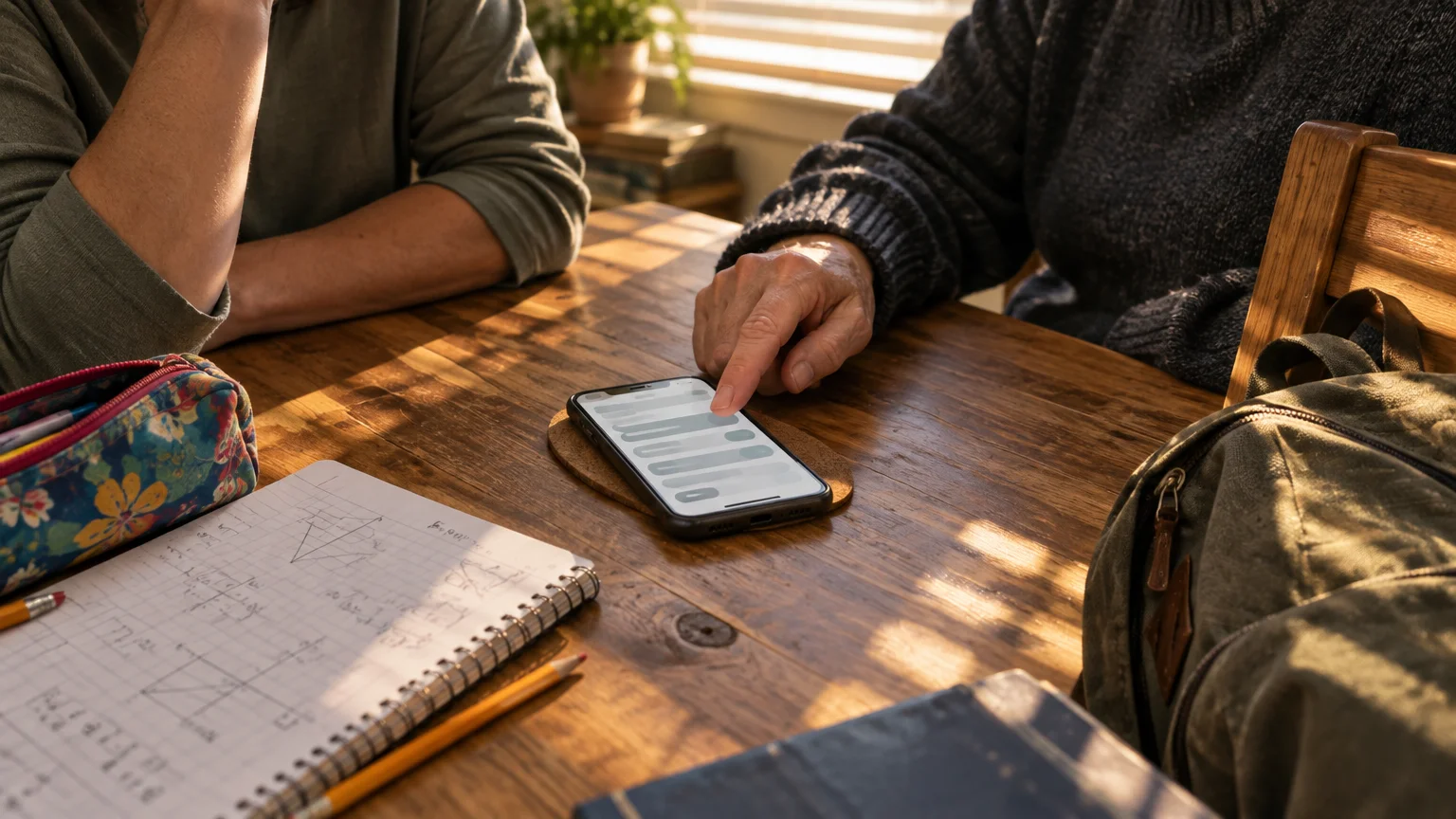 Person pointing at a smartphone on a wooden desk next to a math notebook, pencil case, and backpack.
