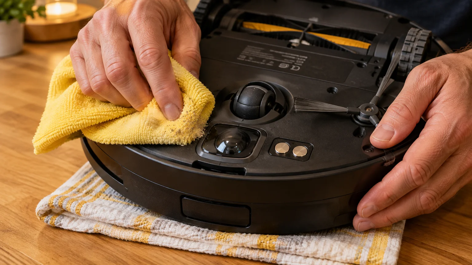 Hands wiping the underside sensor of an upside-down black robot vacuum with a yellow microfiber cloth on a table.