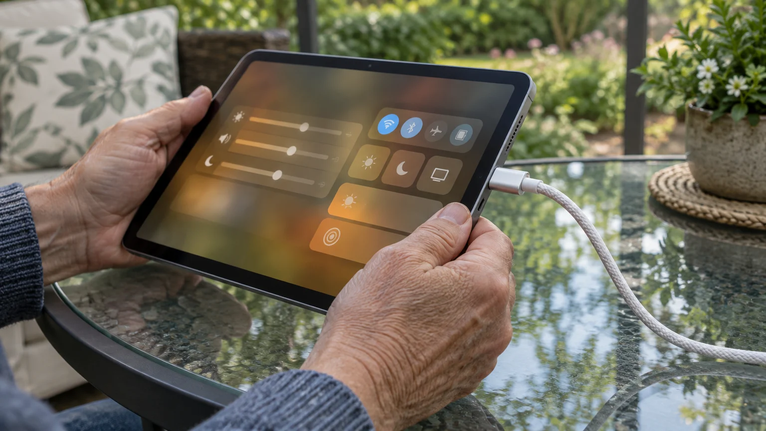 Hands holding a tablet plugged into a white charging cable on a glass outdoor patio table.