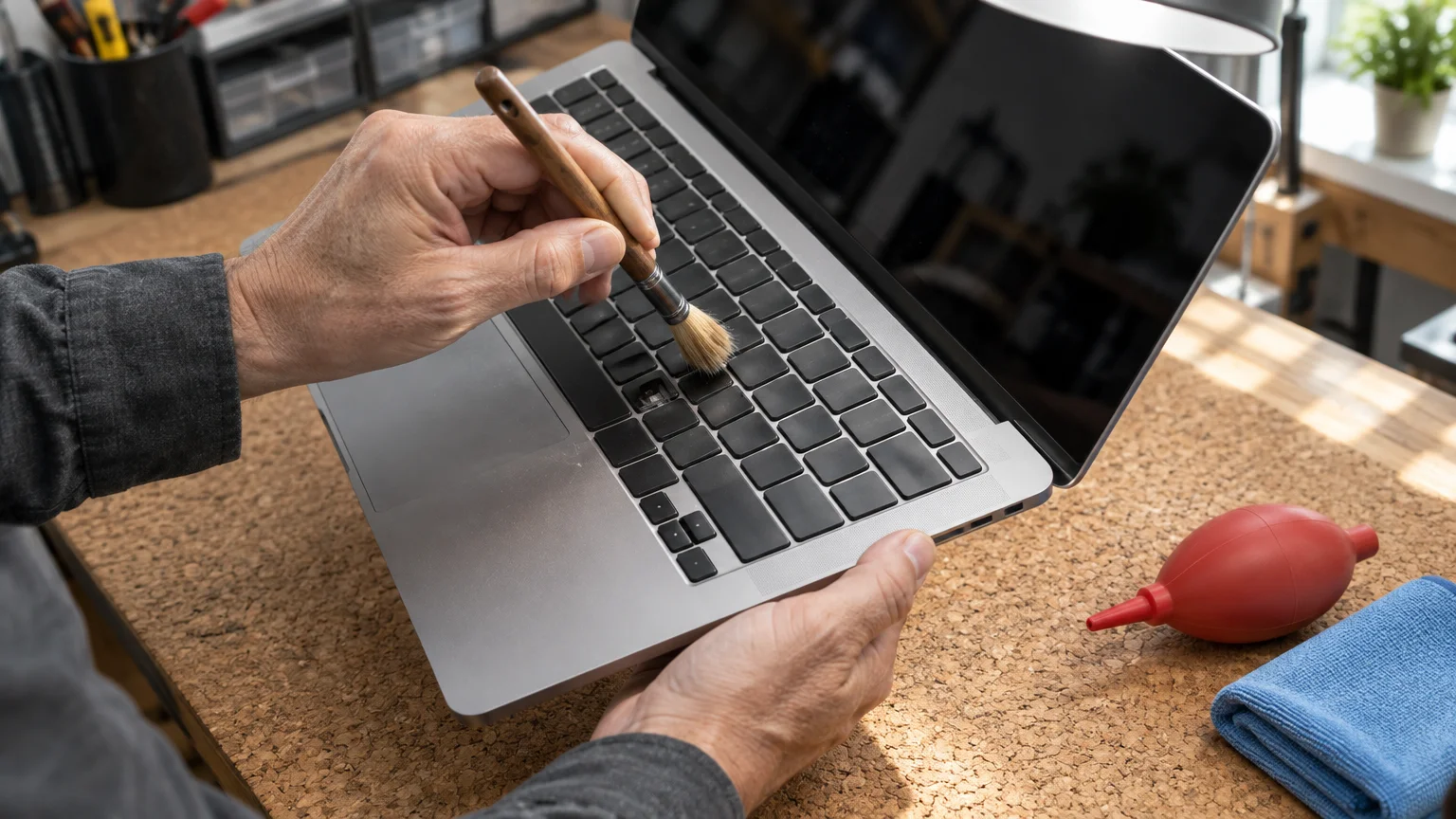 A person using a small bristle brush to clean a laptop keyboard with a keycap removed, next to an air blower bulb.