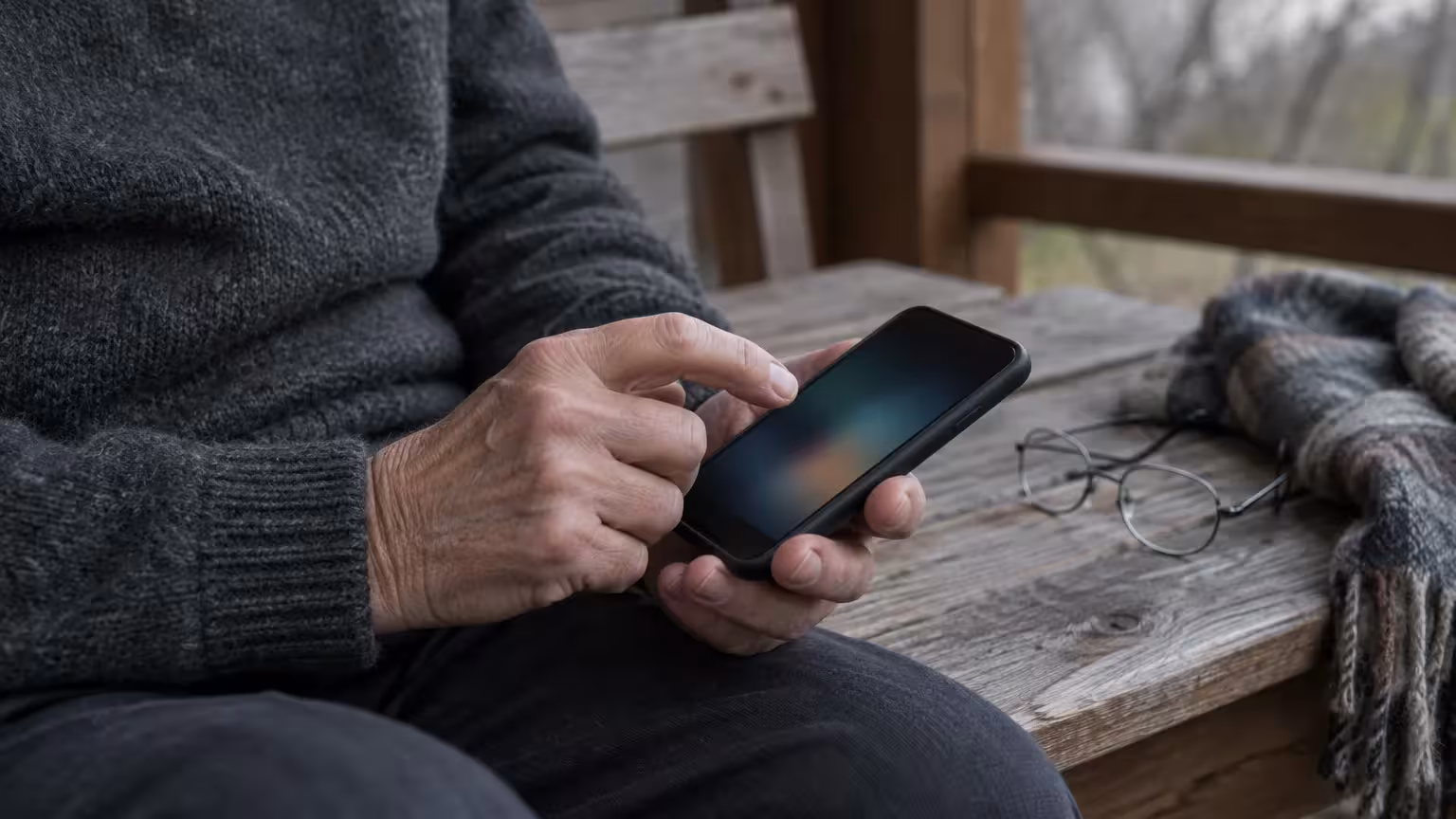 Close-up of a person sitting on a wooden bench outdoors, holding and tapping a dark smartphone screen.