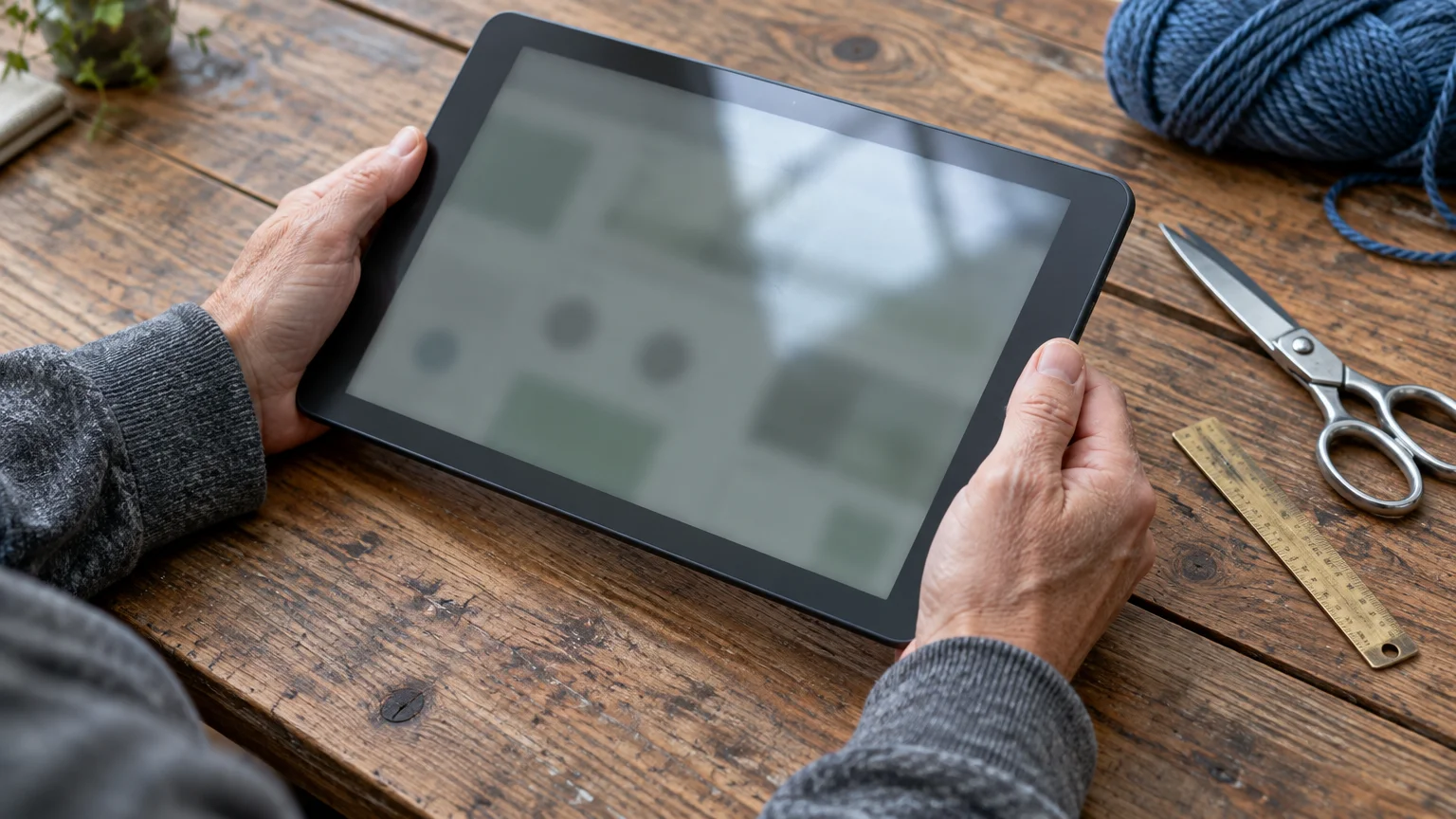 Hands holding a tablet with a blurred screen over a rustic wooden table beside scissors and yarn.