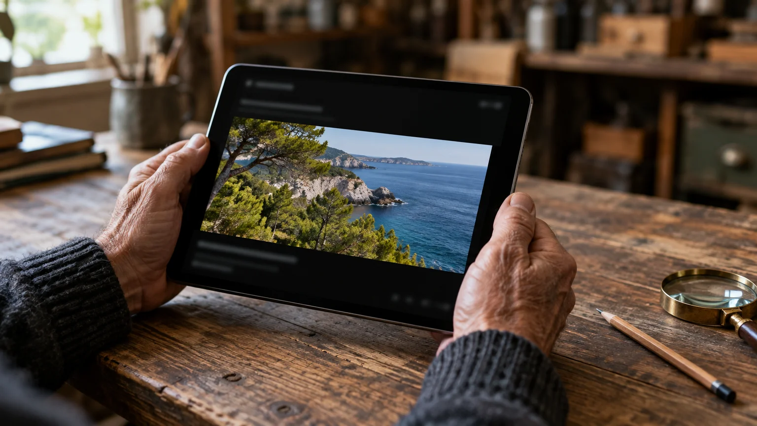 Hands holding an iPad on a rustic wooden table, displaying a coastal landscape photo against a dark background.