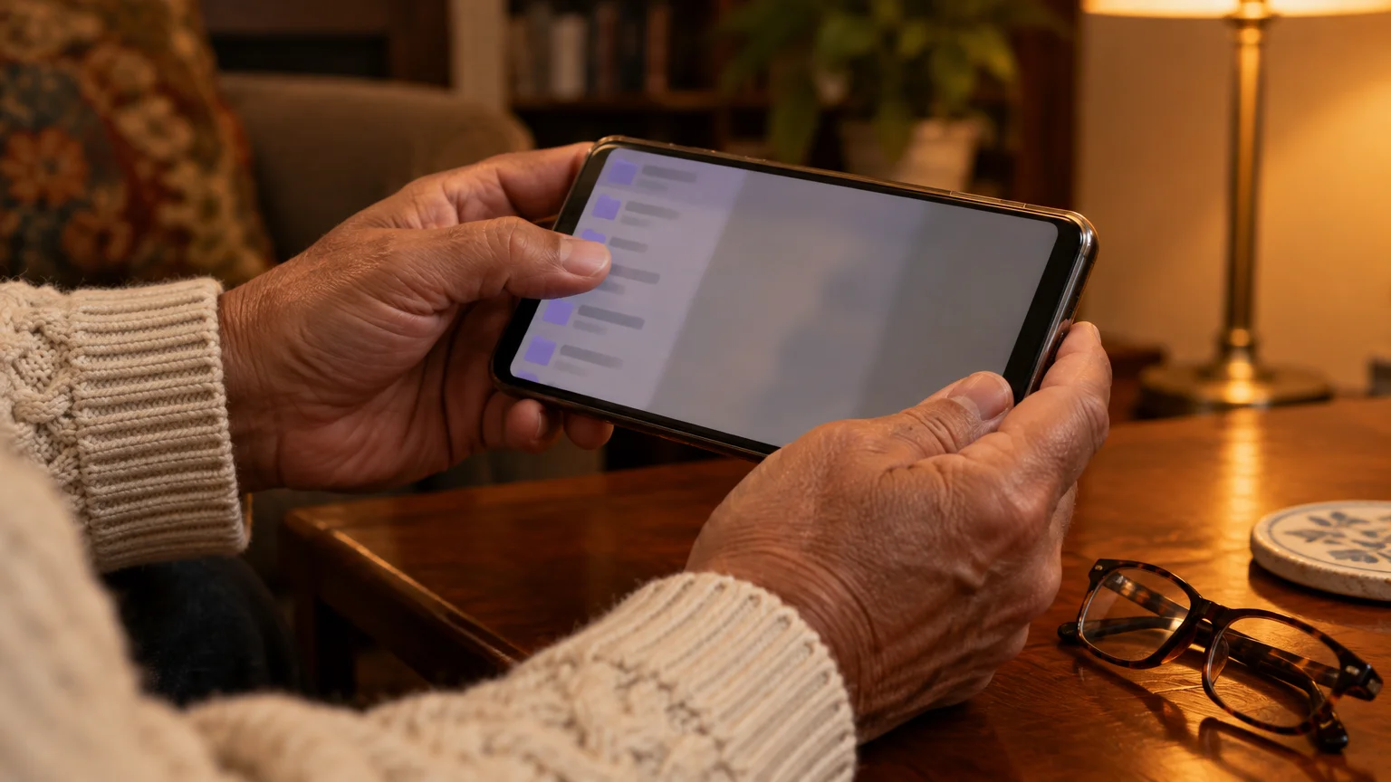 Close-up of hands holding a smartphone horizontally over a wooden table beside a pair of glasses.