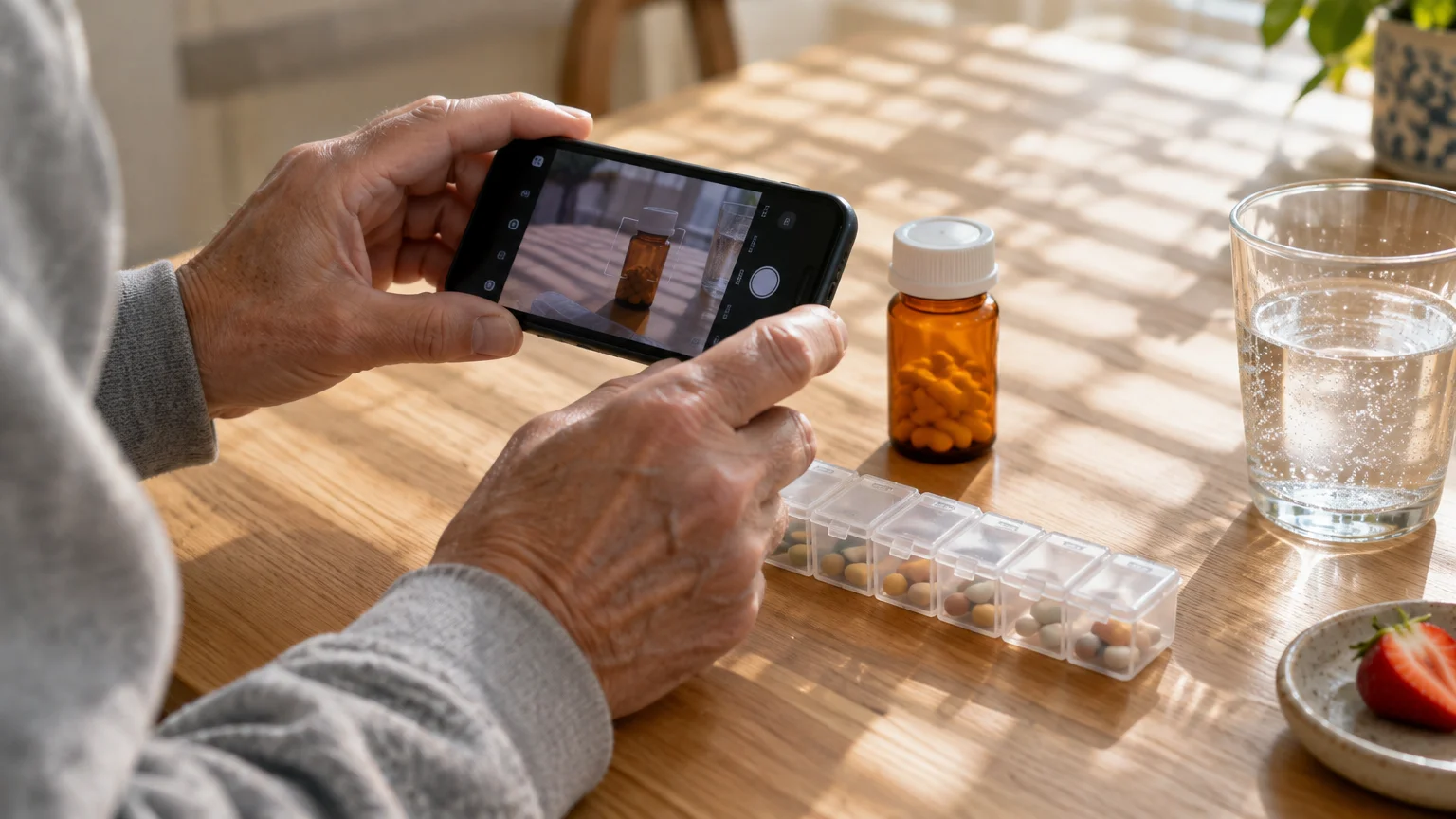 Person holding a smartphone to photograph an amber pill bottle on a table next to a pill organizer and glass of water.
