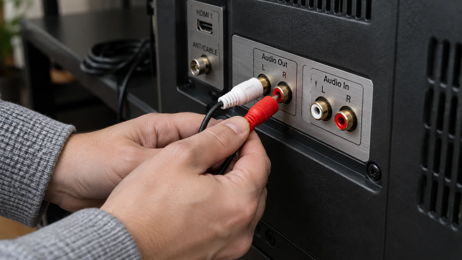 Hands plugging red and white RCA audio cables into the Audio Out ports on the back of a television next to Audio In ports.