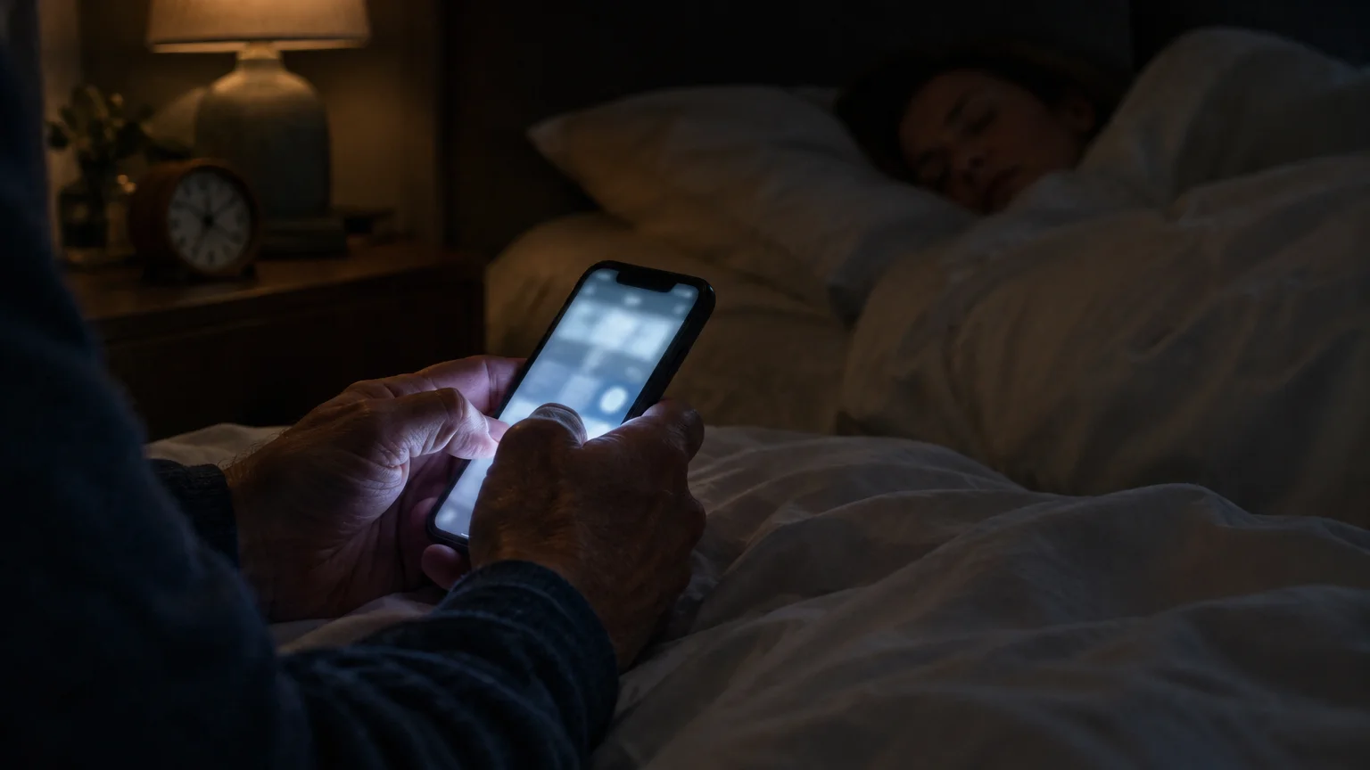 A person using an illuminated smartphone in a dark bedroom while someone sleeps in the bed beside them.