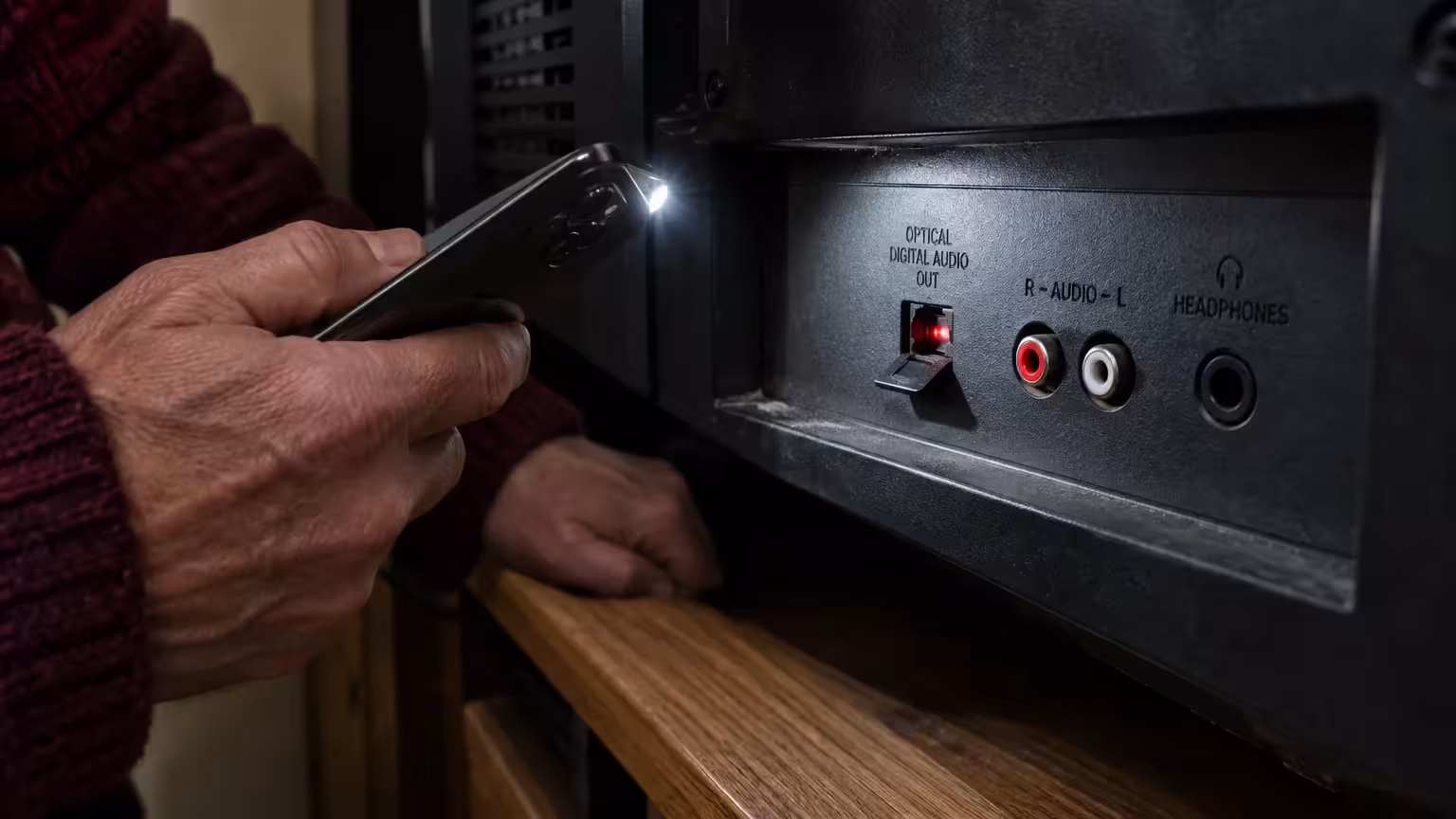 A hand shines a smartphone flashlight onto the rear audio ports of a television, including optical, RCA, and headphone jacks.