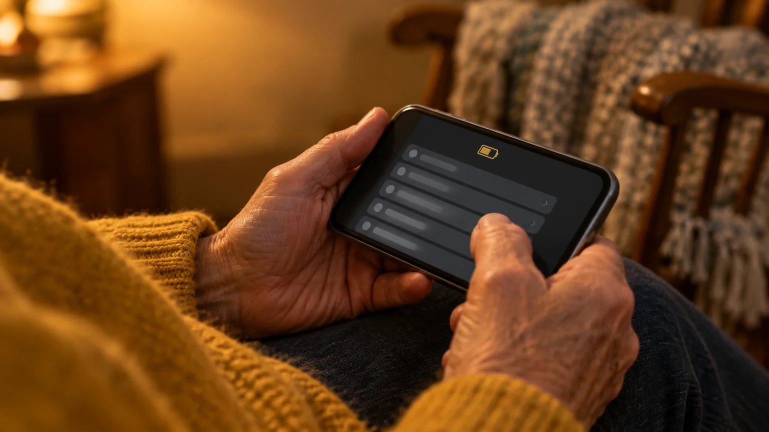 Hands holding a smartphone showing a low battery icon and blurred menu bars on the screen.