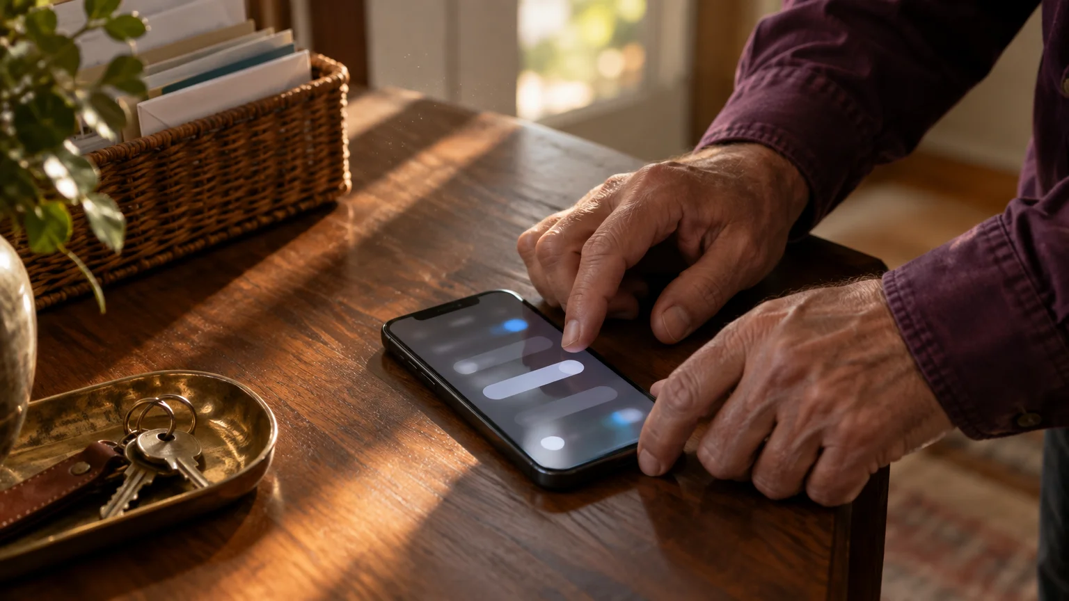 Close-up of a person's hands touching the illuminated screen of a smartphone lying on a wooden table.