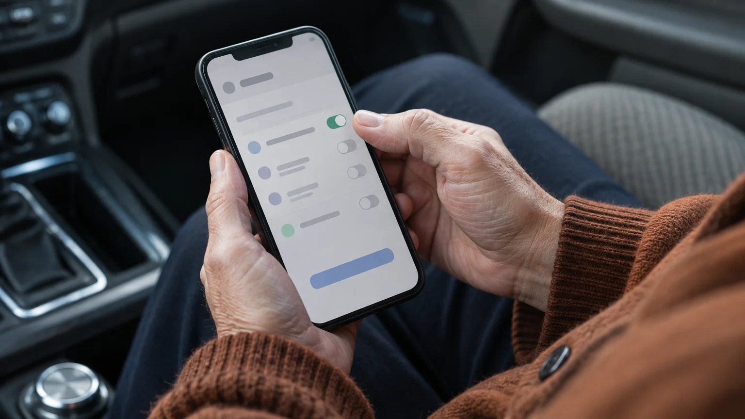 Person sitting inside a car holding a smartphone displaying an app settings screen with toggle switches.