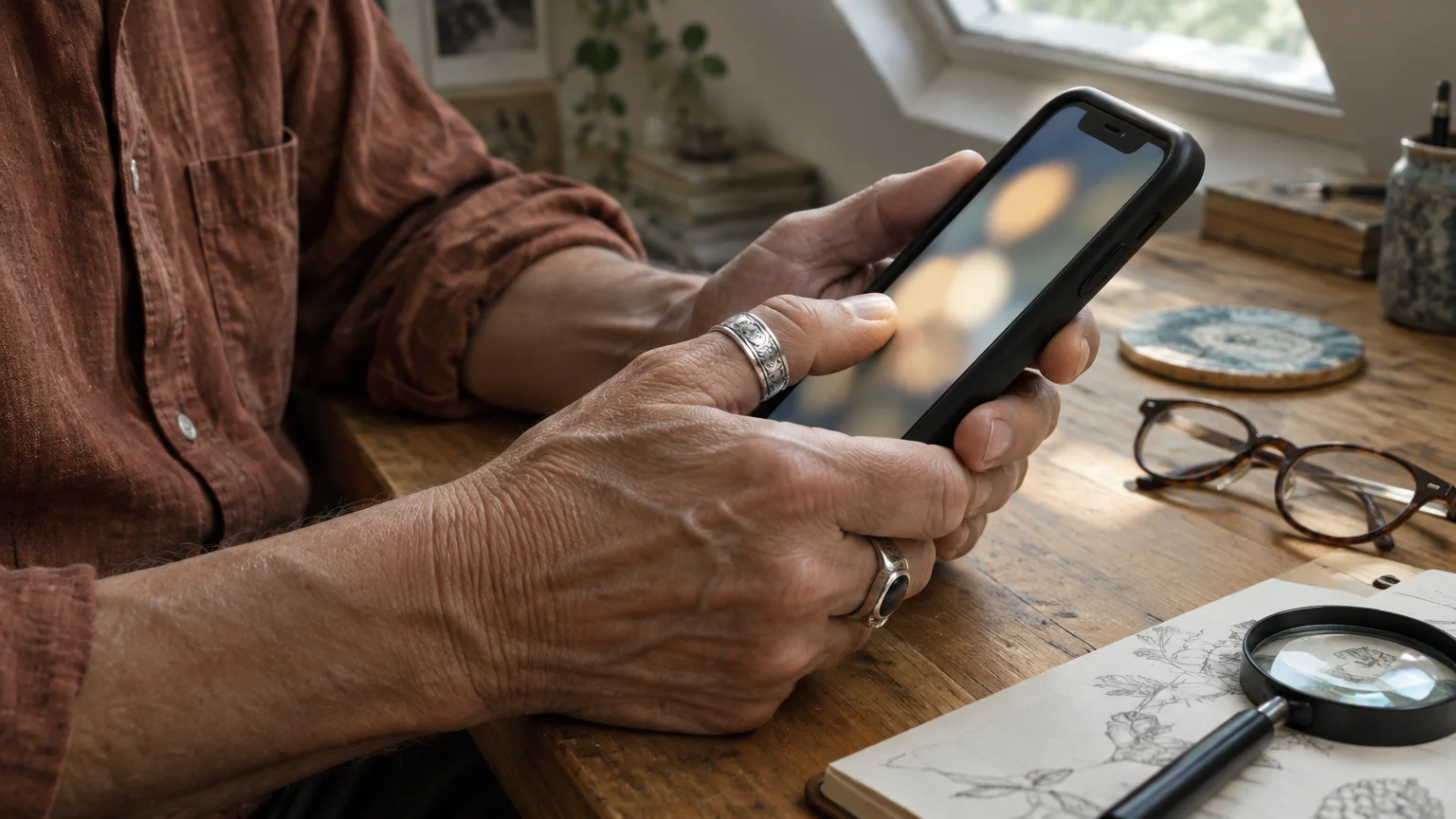 A person holds a black smartphone above a wooden desk next to eyeglasses and a magnifying glass.