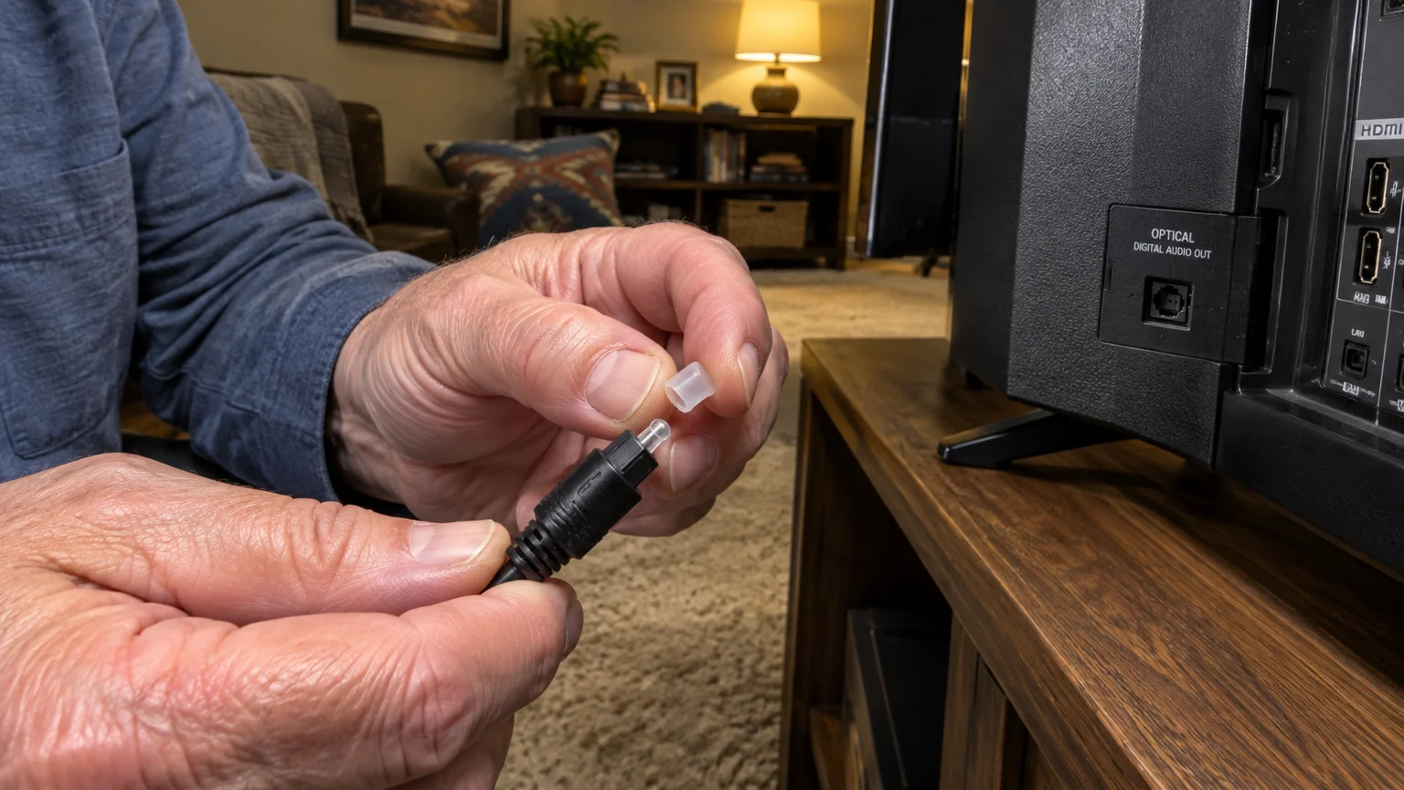 Hands removing a small clear protective plastic cap from the tip of an optical audio cable next to a television port.