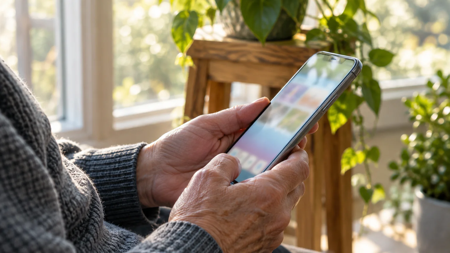 Close-up of an older person's hands holding and using a smartphone indoors near sunlit potted plants.