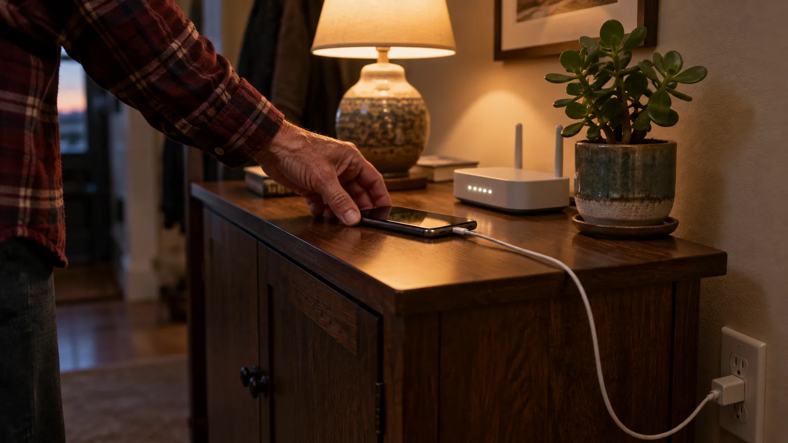 A person's hand placing a charging smartphone on a wooden cabinet next to a Wi-Fi router, lamp, and potted plant.
