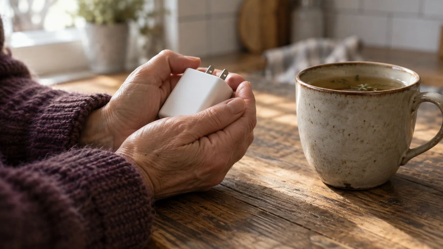 Hands holding a white wall charger block on a rustic wooden table next to a speckled ceramic tea mug.