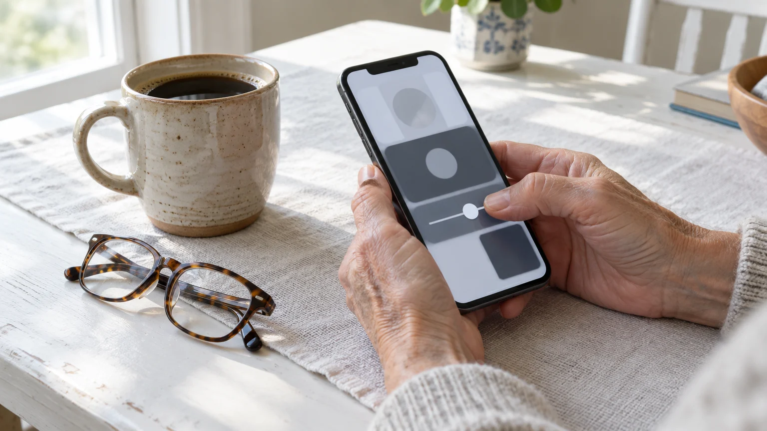 Older person's hands holding a smartphone adjusting a slider on screen, next to reading glasses and a coffee mug.