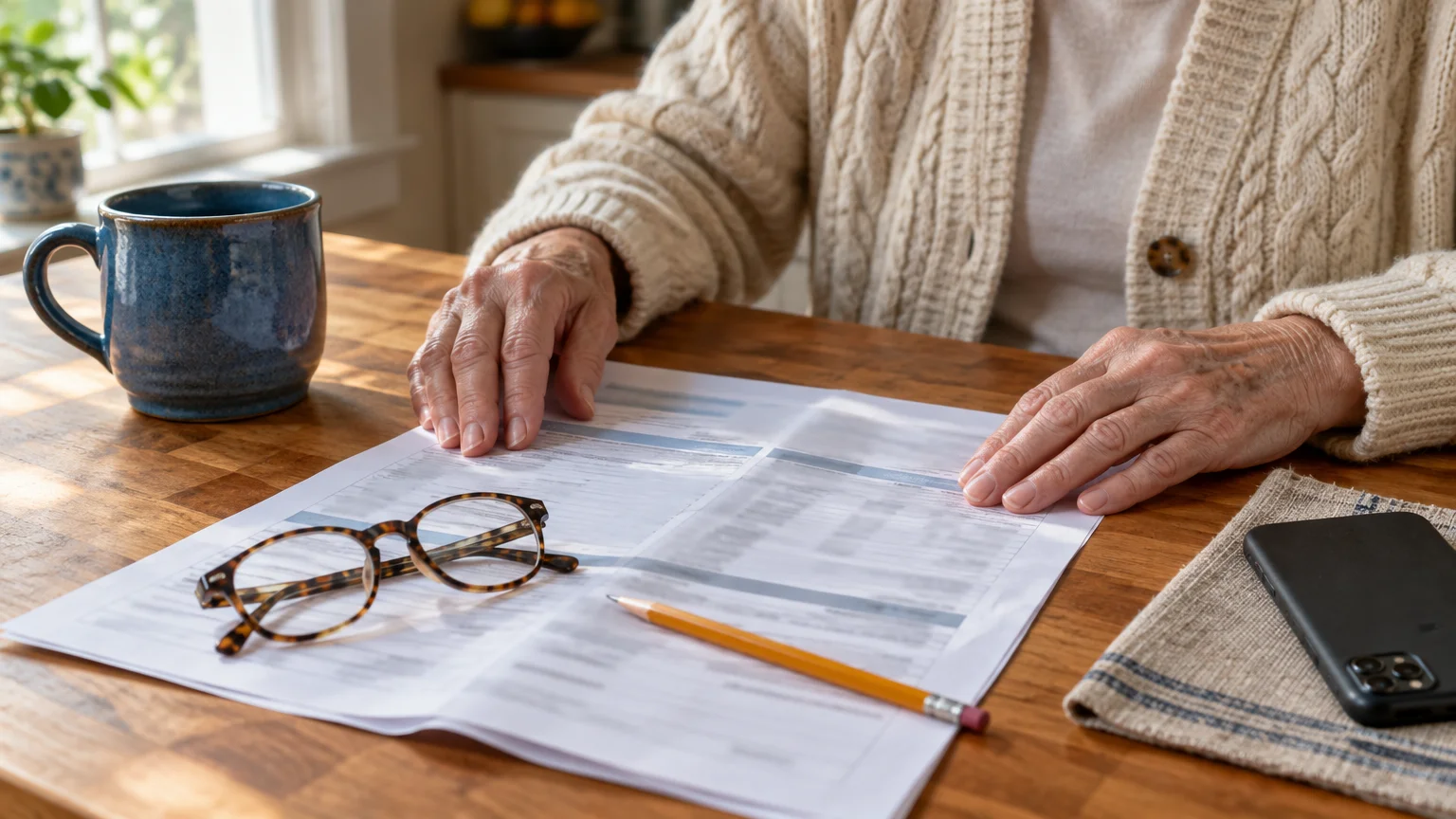 Person in a knit cardigan reviewing a printed bill at a wooden table beside glasses, a pencil, and a smartphone.