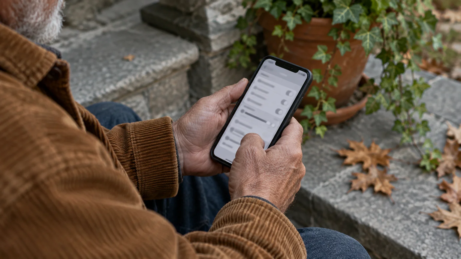 Close-up of an older man sitting outdoors and holding a smartphone displaying a settings menu with toggle switches.