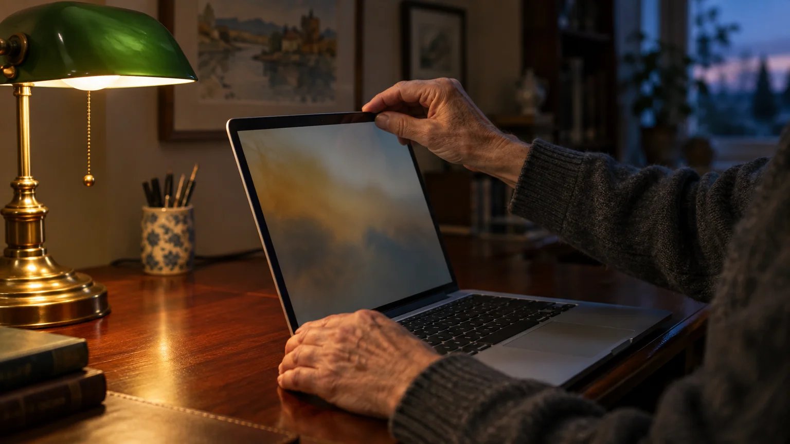 Person adjusting a laptop screen beside an illuminated green banker's lamp on a wooden desk.