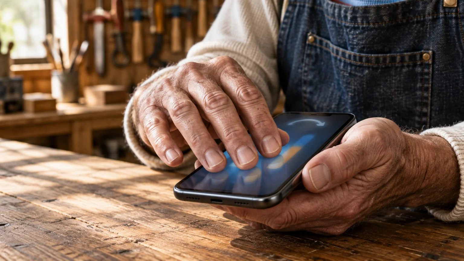 Close-up of an older person in a workshop tapping a smartphone screen with three fingers of one hand.