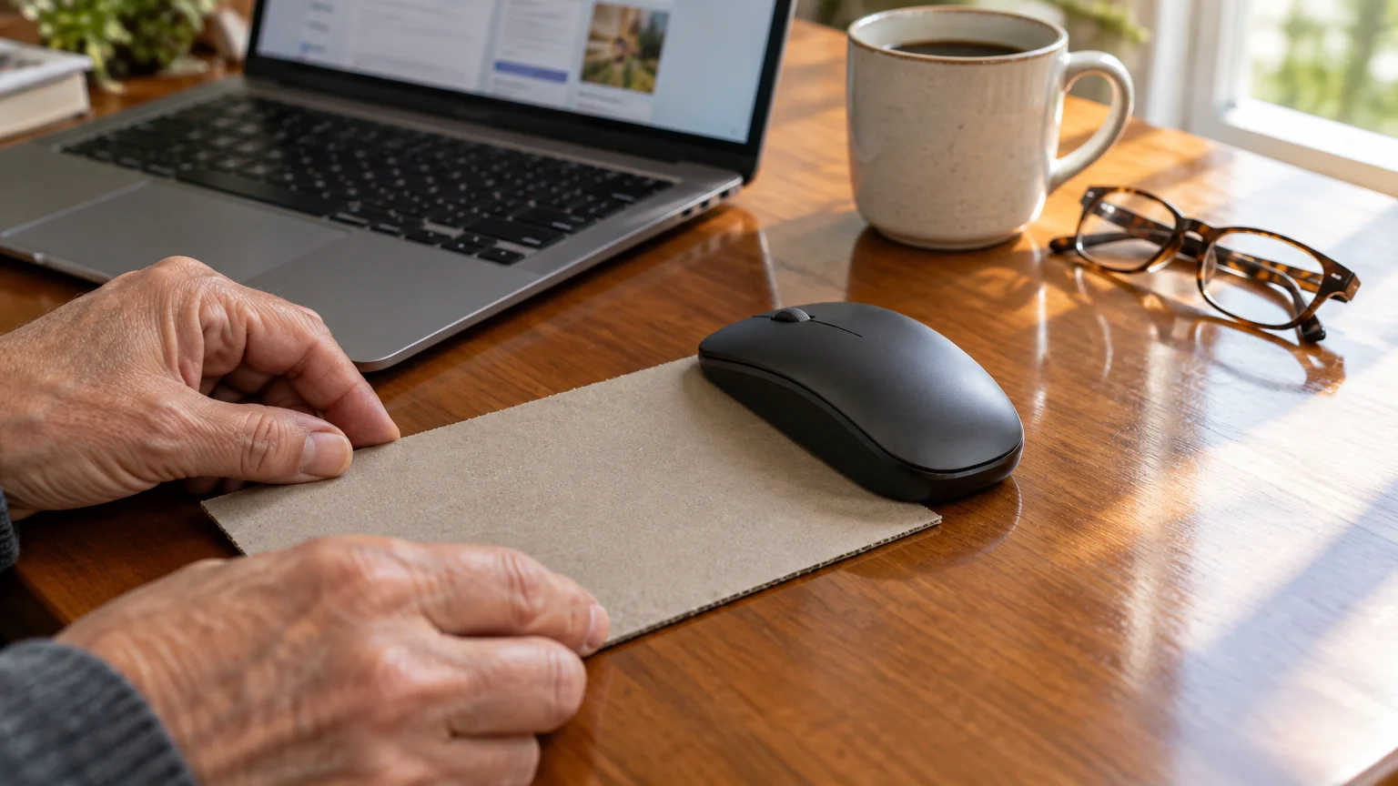 Hands holding a rectangular piece of cardboard under a black computer mouse on a wooden desk next to a laptop.