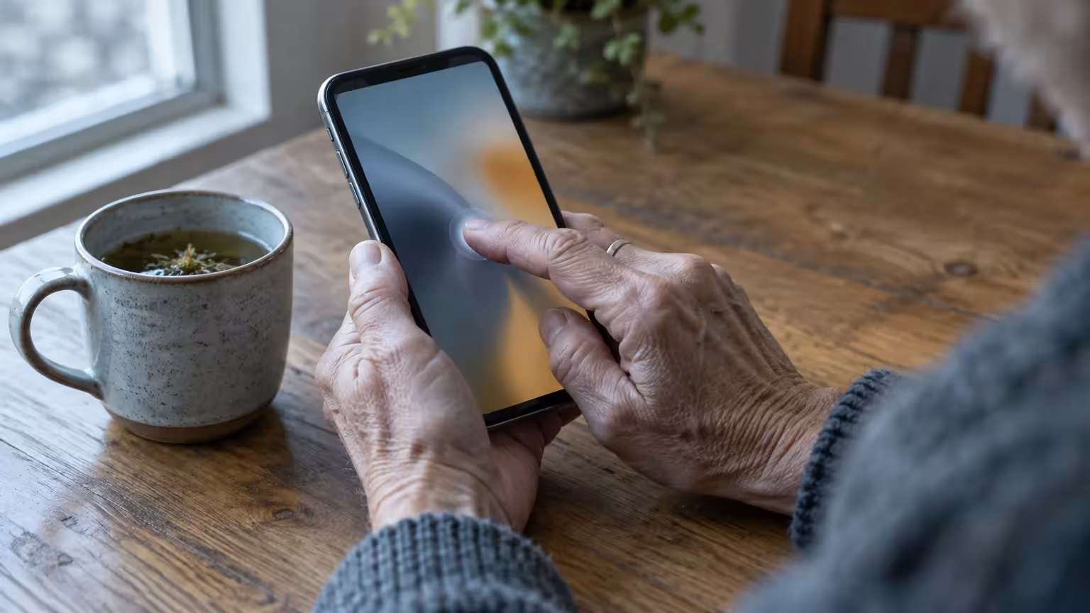Hands holding a smartphone over a wooden table and tapping the screen near a ceramic mug of tea.
