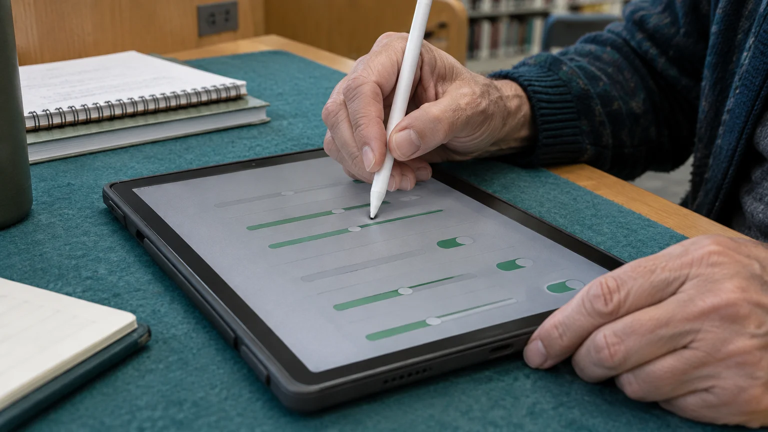 An older person uses a stylus to adjust sliders and toggle switches on a tablet screen at a table.