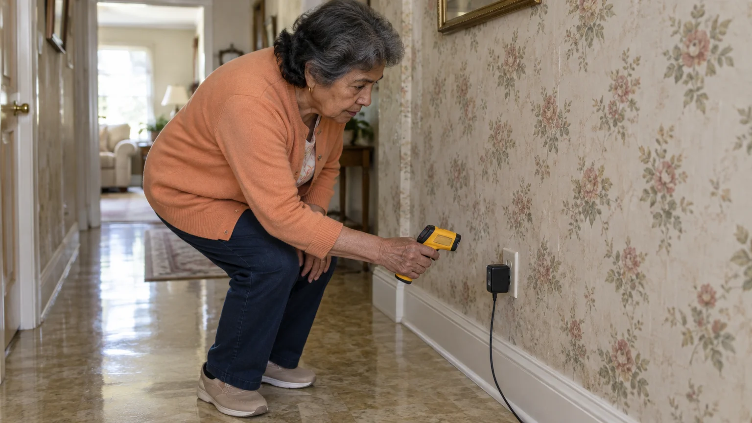An older woman in an orange cardigan points a yellow infrared thermometer at a charger plugged into a wall outlet.