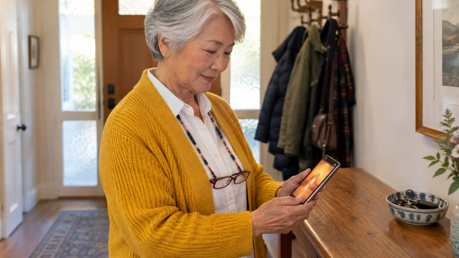 Senior woman with short gray hair in a yellow cardigan looking down at her smartphone in a home hallway.