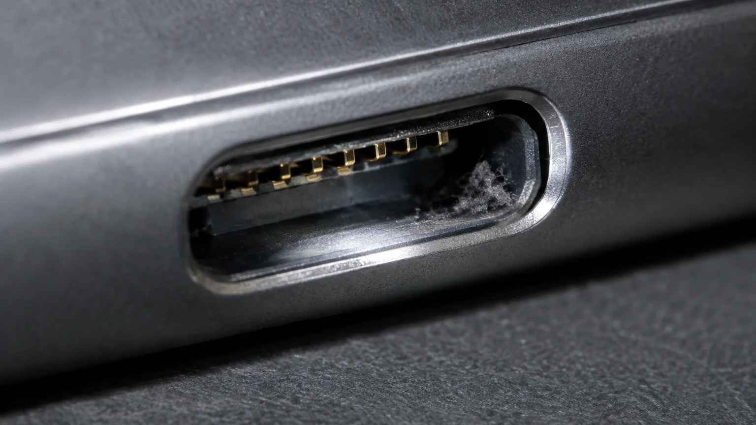 Macro close-up of a dusty smartphone charging port showing gold contact pins and accumulated lint inside.