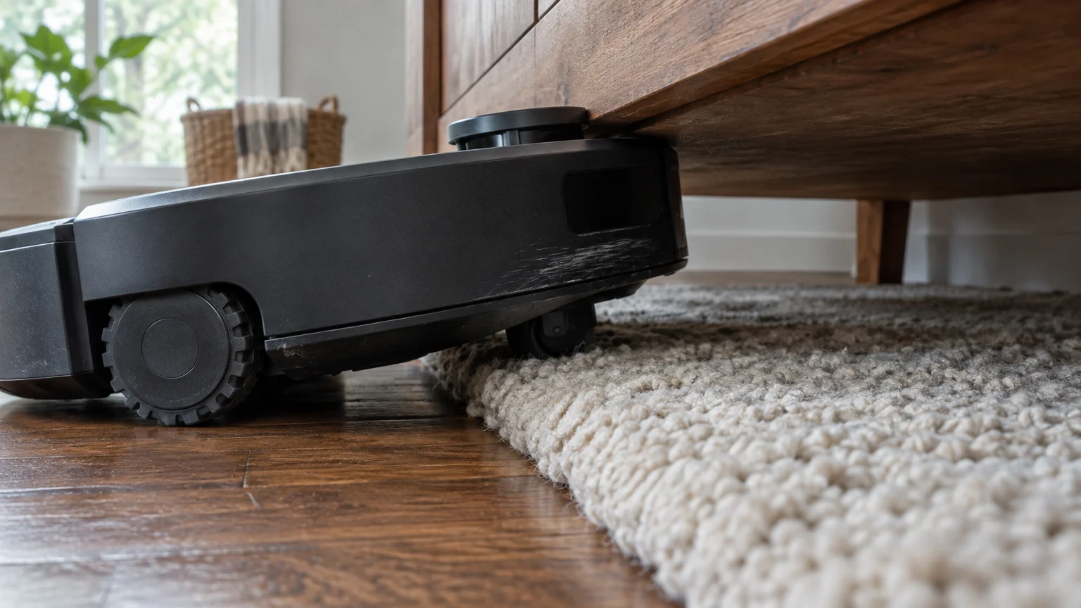 A black robot vacuum wedged under a wooden cabinet edge as its front wheel mounts a thick woven rug.