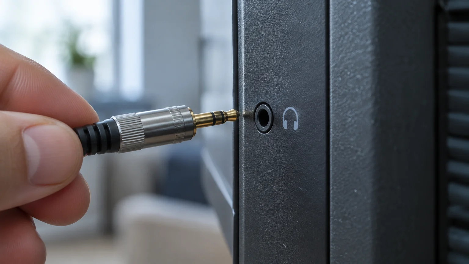 Close-up of a hand inserting a metal 3.5mm audio jack into a television headphone port.