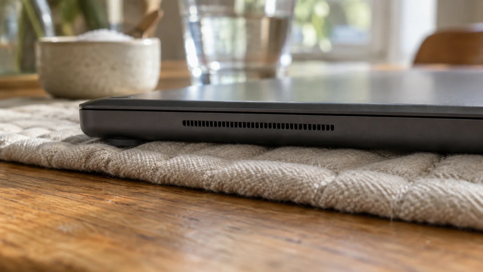 Close-up of a closed grey laptop with side speaker grille vents resting on a textured fabric mat on a wooden table.