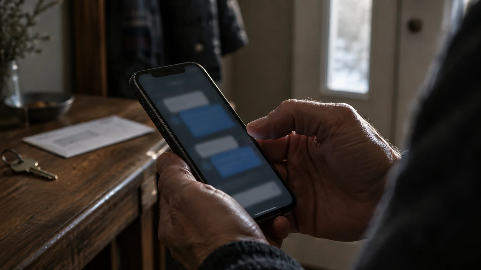 Close-up of a person holding a smartphone displaying blurred text messages in chat bubbles near a wooden table.