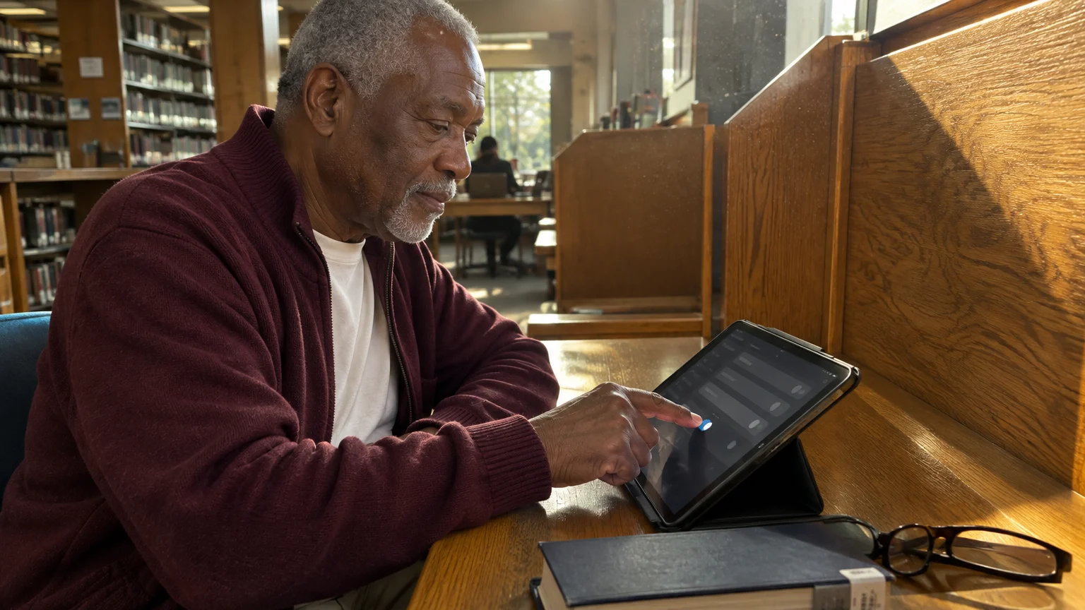 Older man sitting at a wooden library study carrel tapping the screen of an iPad propped in a case.