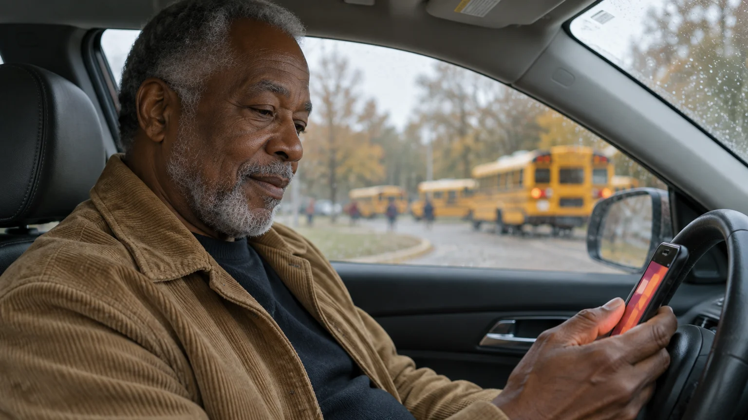 Senior man sitting in a car looking down at his smartphone, with yellow school buses visible outside the window.