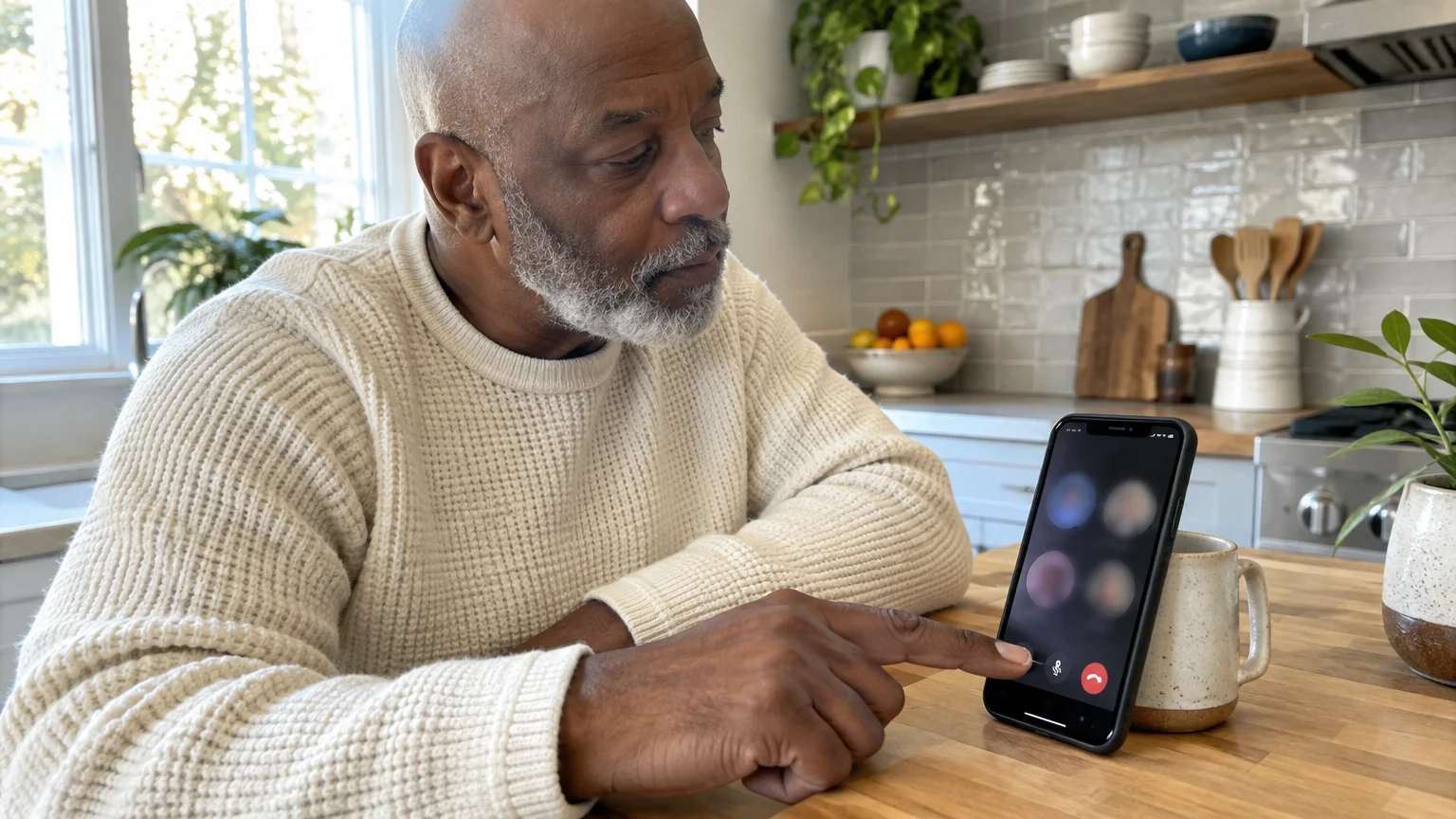 Older man with a beard sits at a kitchen counter and points at a smartphone screen displaying a group call.