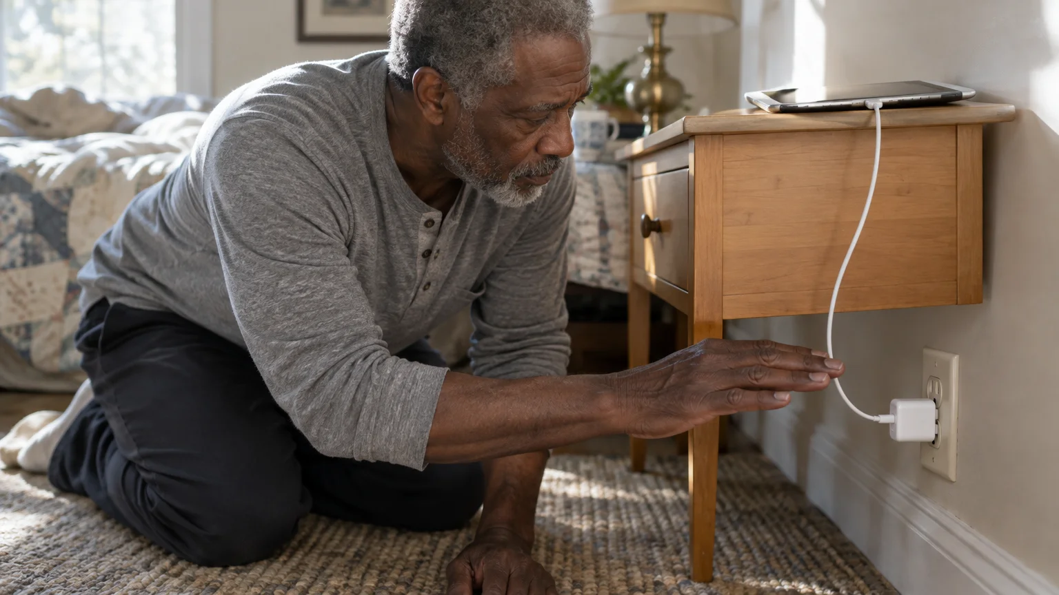 A man kneels on the floor by a nightstand, reaching out his hand toward a white tablet charger plugged into a wall outlet.