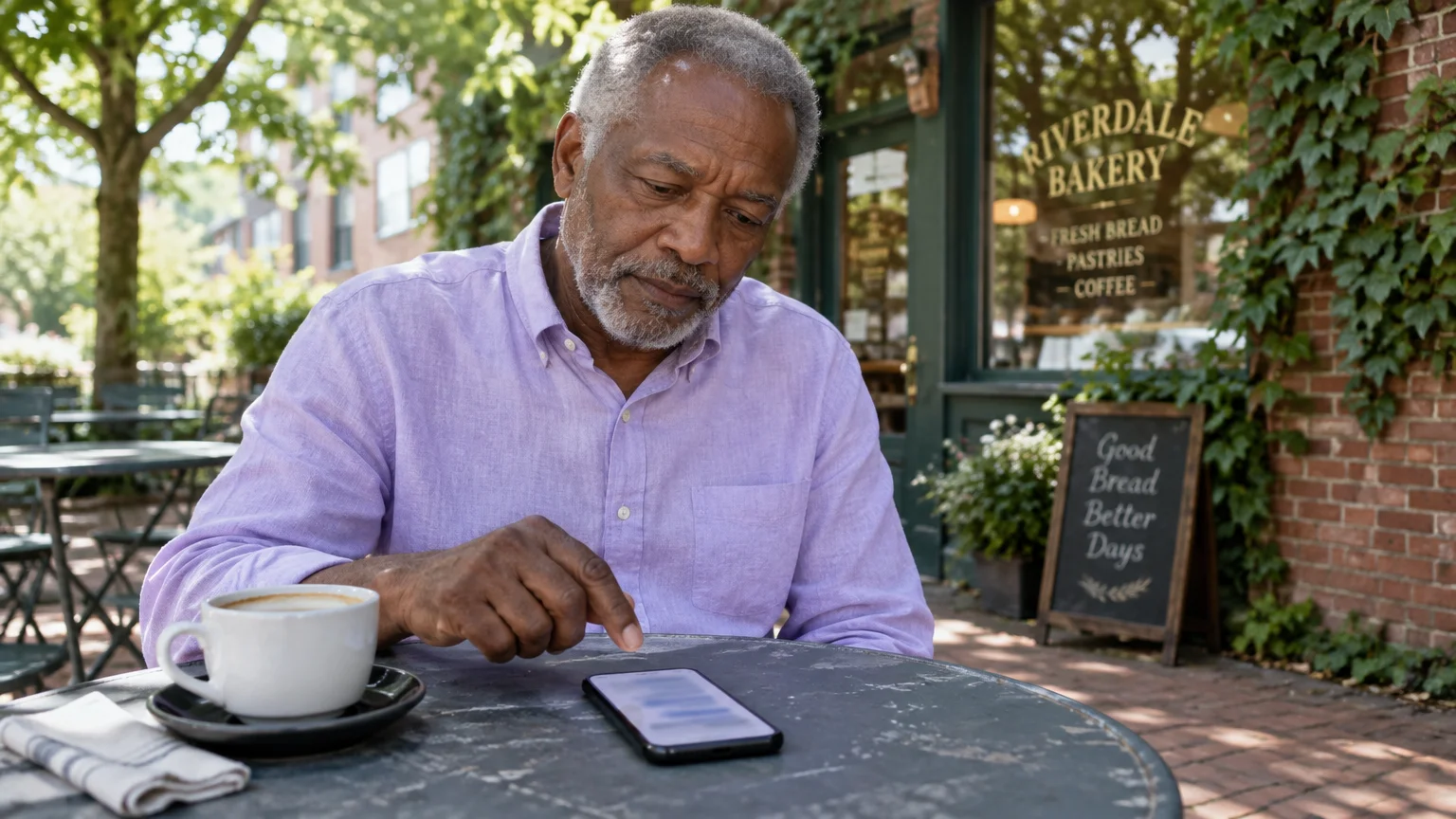 Older man with gray hair in a purple shirt looking down at a smartphone on an outdoor cafe table.