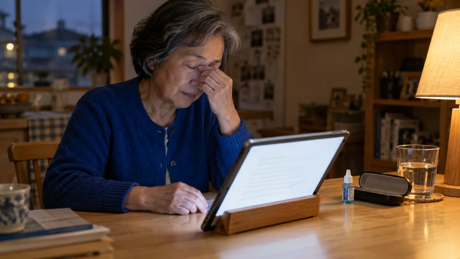 An older woman rubbing her eyes while sitting at a table in front of a glowing tablet screen.