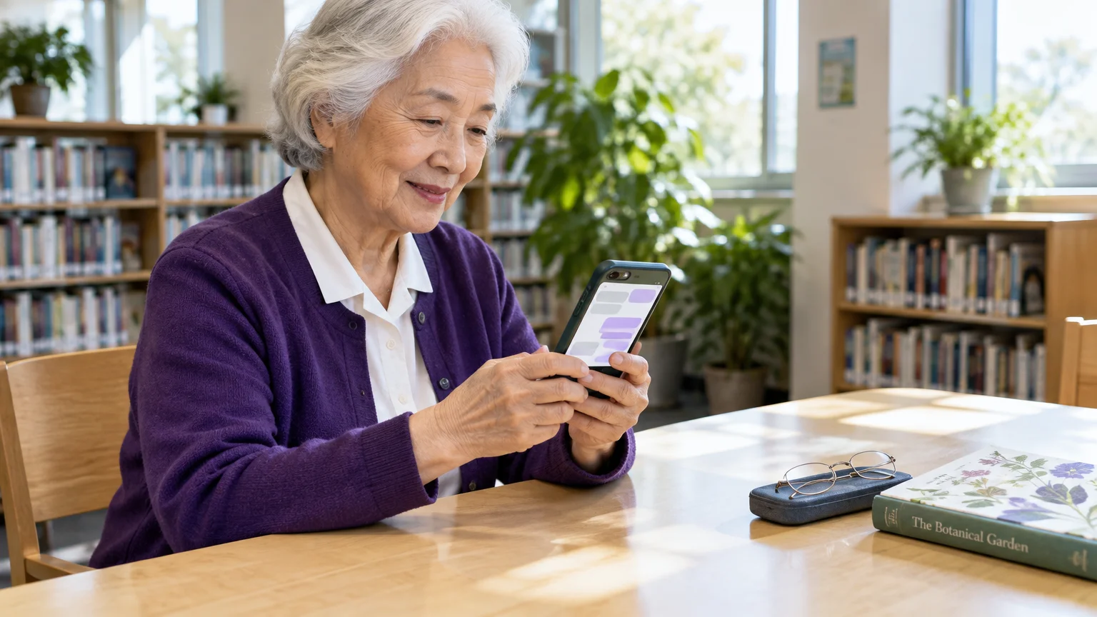 Senior woman in a purple cardigan sits at a wooden table in a library, smiling and holding a smartphone.