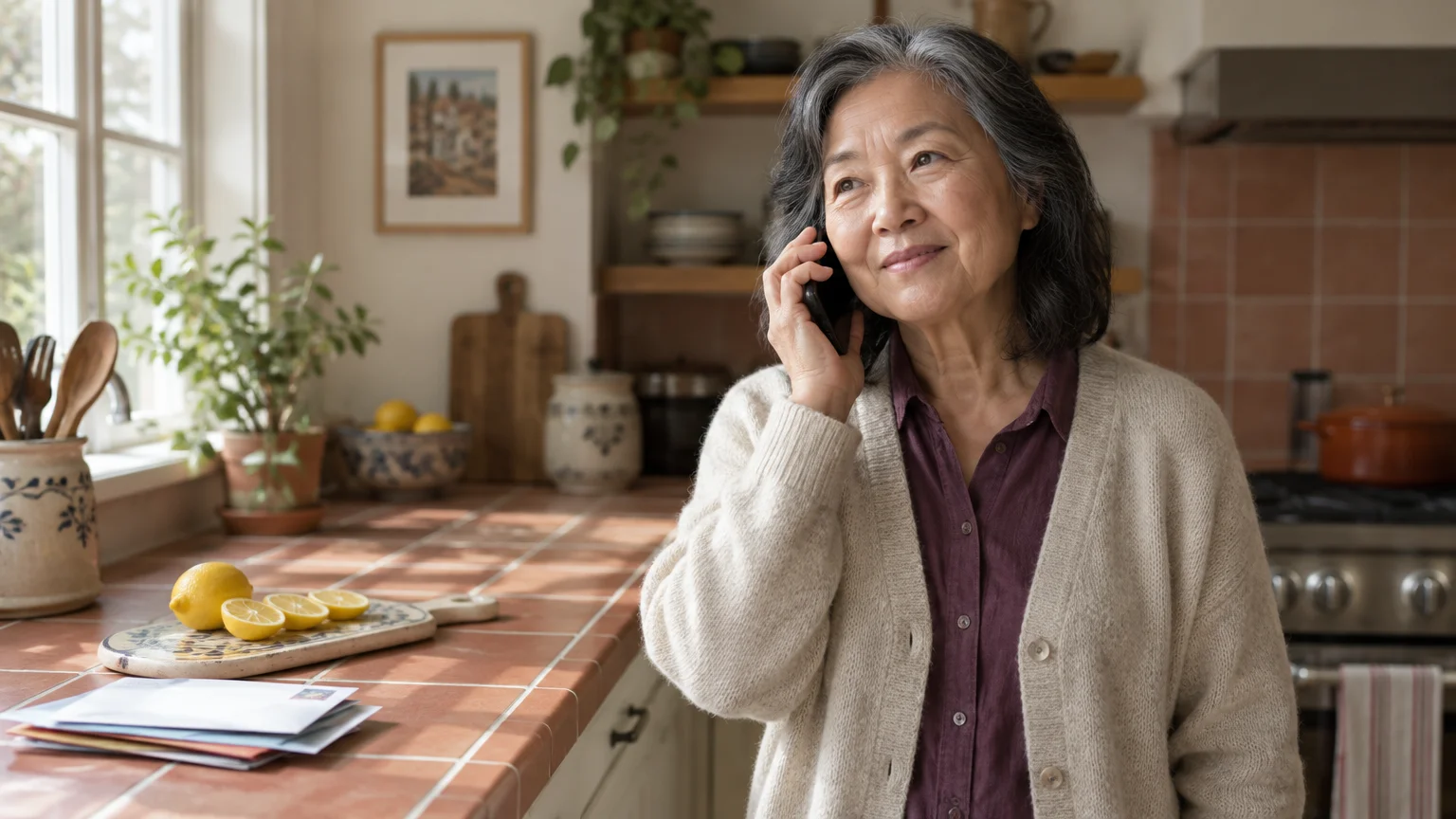 Smiling older woman with graying hair talking on a black smartphone in a bright kitchen.