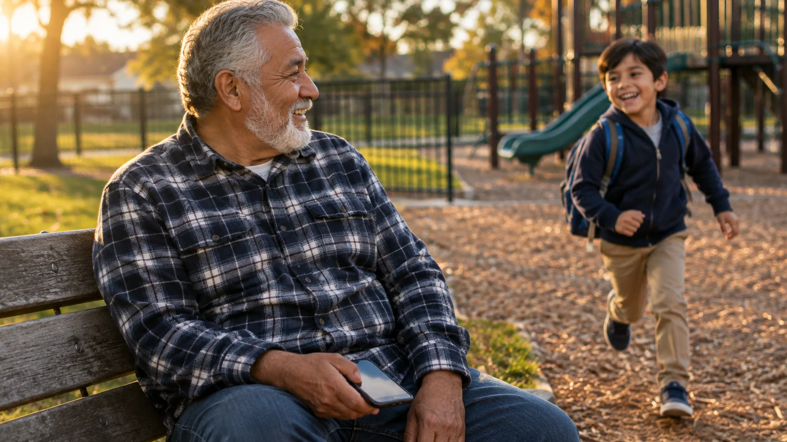 Smiling older man sitting on a park bench holding a smartphone as a young boy with a backpack runs toward him.