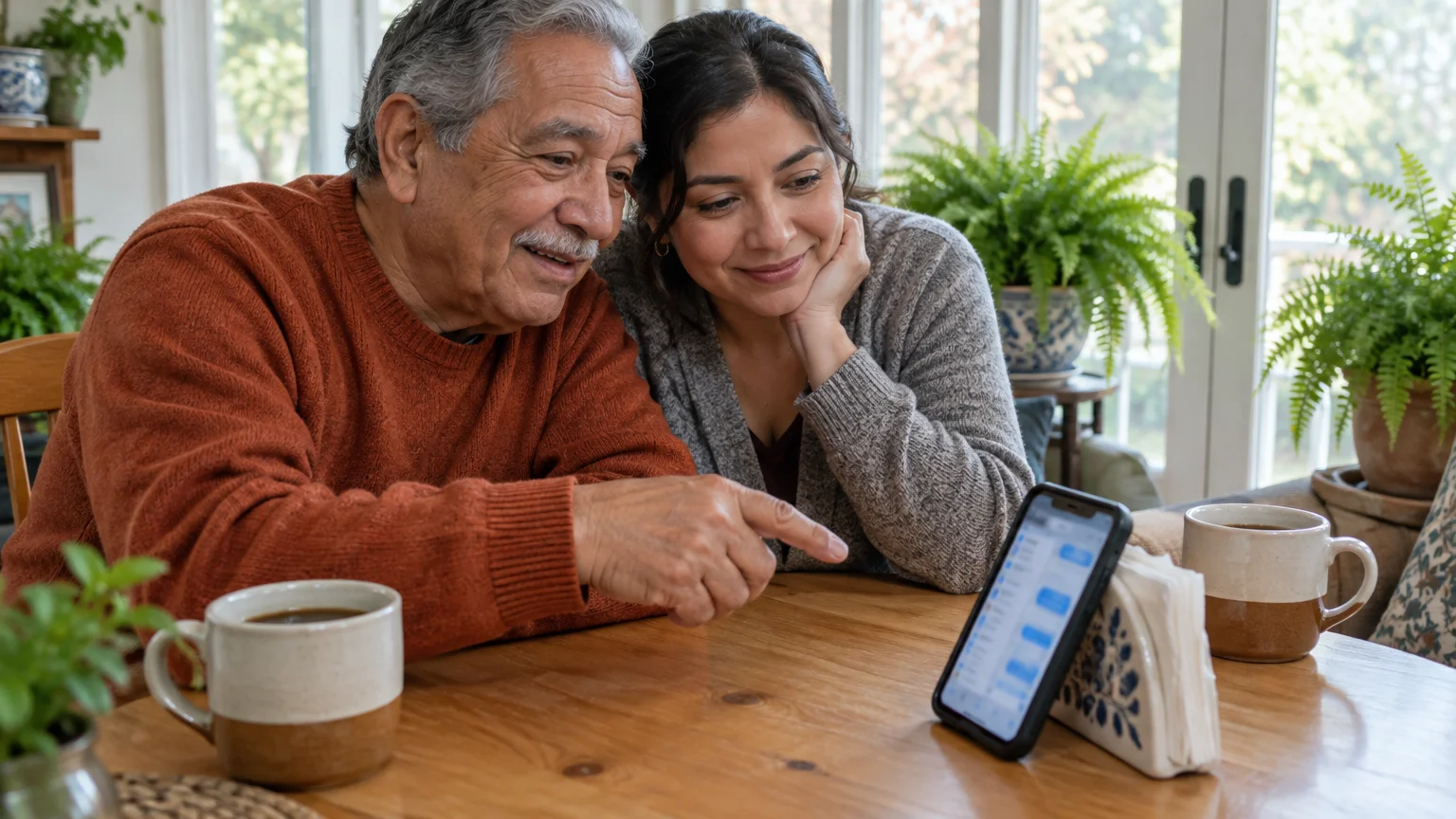 An older man and a woman sit at a table looking at a smartphone propped up against a napkin holder.