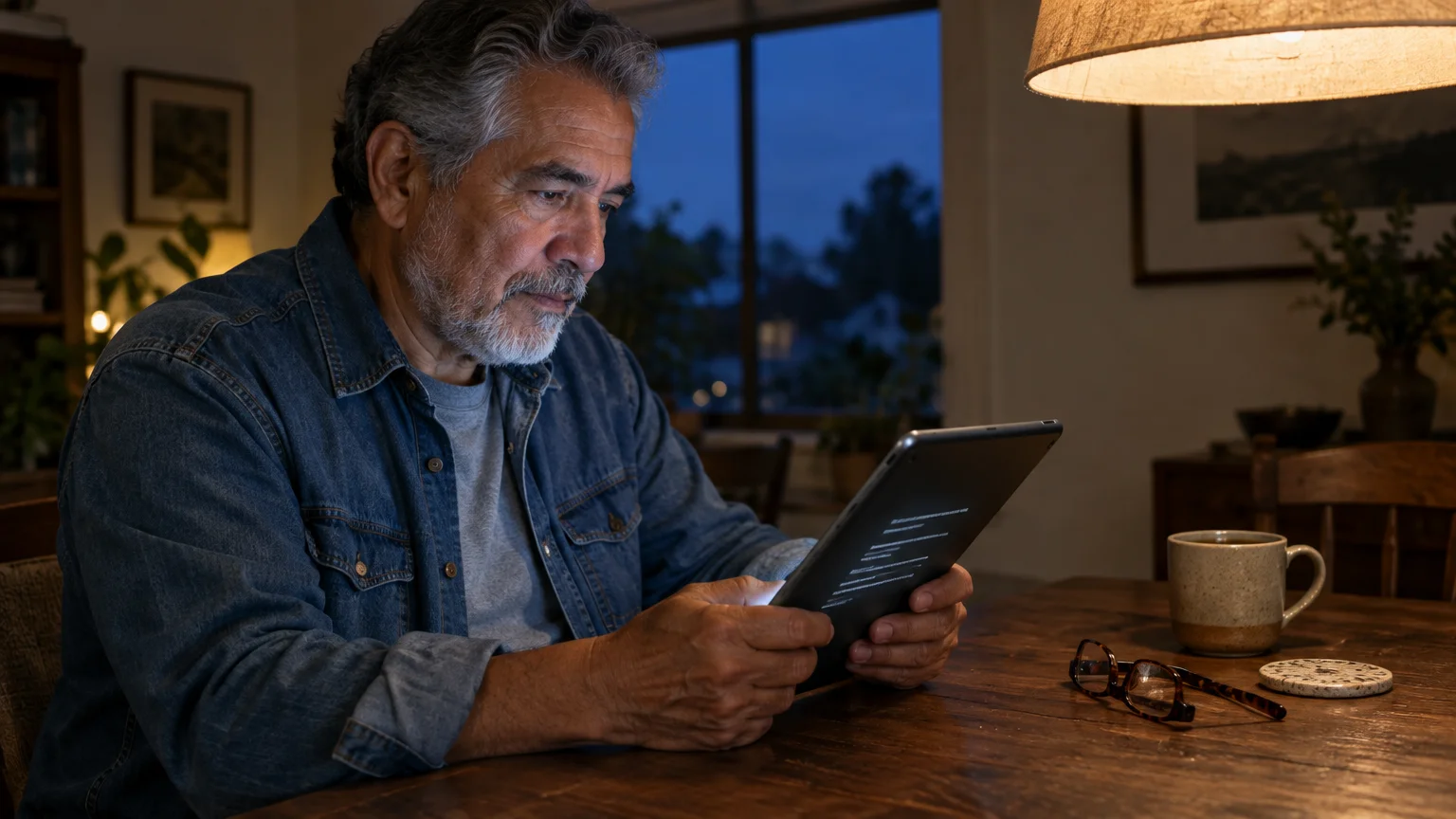 A mature man with a beard sits at a wooden table at night, reading from a tablet under a warm hanging lamp.