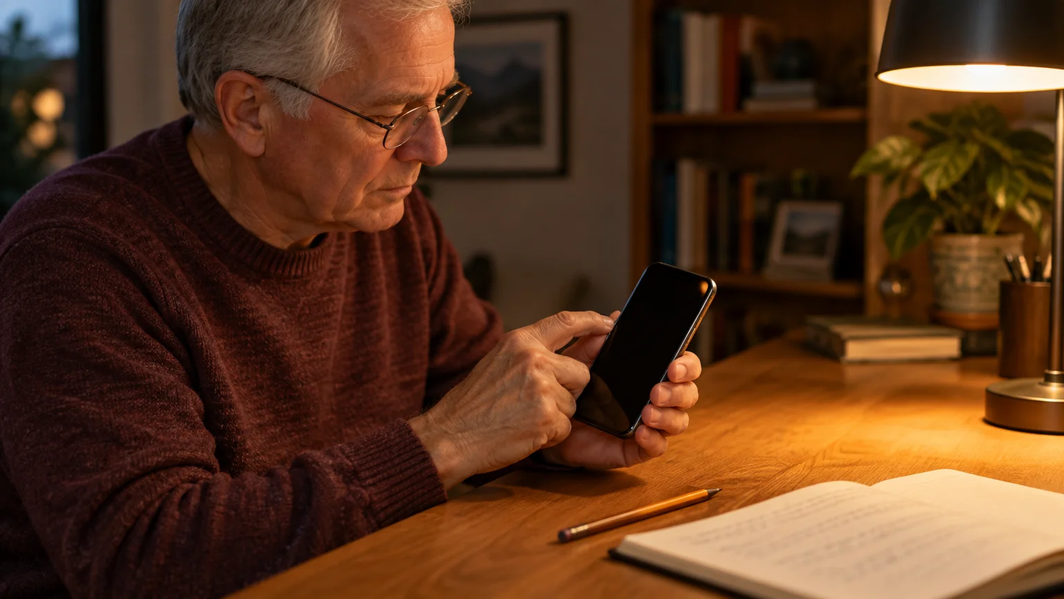 An older man wearing glasses sits at a wooden desk at night and taps the screen of his smartphone.
