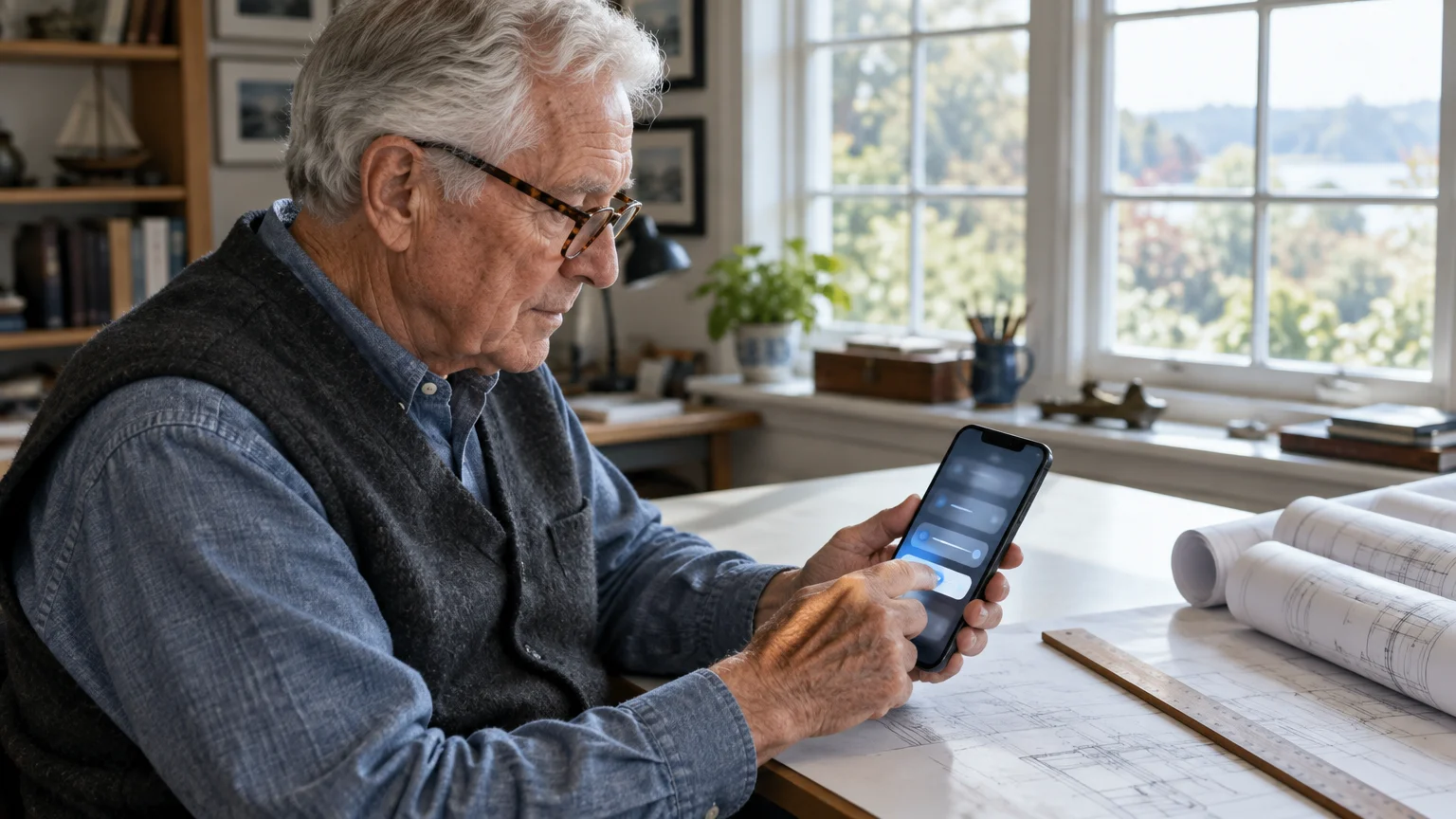 Older man wearing glasses sitting at a desk with architectural blueprints, tapping the screen of a smartphone.