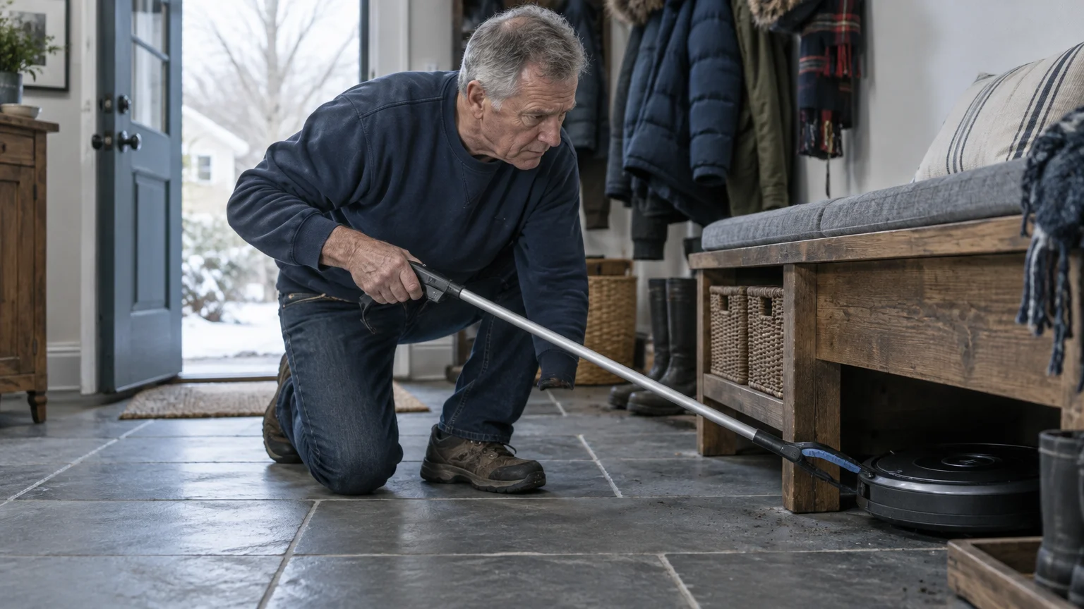 A man kneels on a stone floor using a long reacher tool to pull a robot vacuum from beneath a wooden bench.
