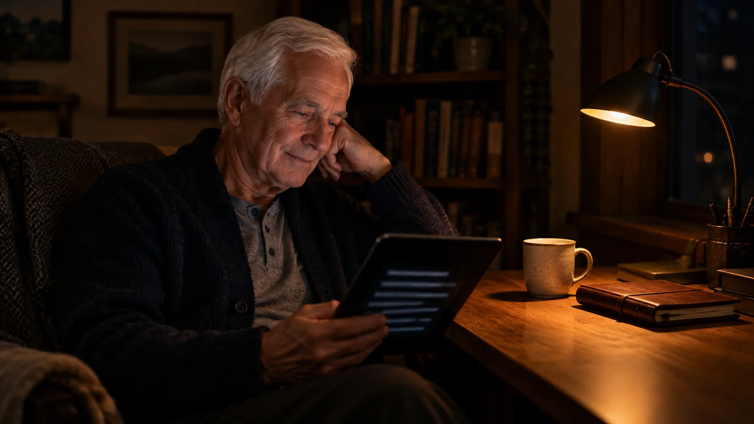 Senior man sitting at a wooden desk at night reading a tablet under the warm light of a small desk lamp.